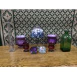 A TIFFANY STYLE TEA LIGHT HOLDER, TWO PAPERWEIGHTS AND OTHER ITEMS