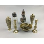 A LOT OF TWO PAIRS OF MINIATURE BRASS CANDLESTICKS AND OTHER ITEMS