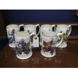 A LOT OF SIX SADLER CERAMIC TANKARDS AND FOUR WALL HANGING SHIELDS