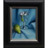 SILVER GOBLET AND PEAR, AN OIL BY ALASTAIR THOMSON