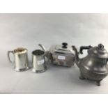 A SILVER PLATED THREE PIECE TEA SERVICE AND OTHER ITEMS