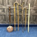 A 20TH CENTURY COPPER BED WARMING PAN AND VARIOUS WALKING STICKS