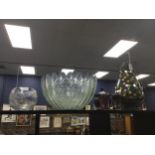 A HANGING LANTERN, CRANBERRY GLASS DISH AND A GLASS BOWL