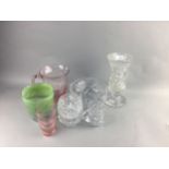 A CRYSTAL VASE AND OTHER CRYSTAL AND GLASS WARE