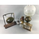 A BRASS OIL LAMP AND OTHER OBJECTS