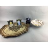 A SILVER PLATED AND BRASS PICTURE FRAME, SERVING TRAY, BOWL AND A TEA CADDY