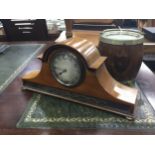 A 20TH CENTURY STAINED WOOD MANTEL CLOCK AND OTHER ITEMS