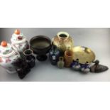 A PAIR OF MODERN CHINESE LIDDED VASES, JAPANESE VASE, CLOISONNE VASES AND OTHER ITEMS