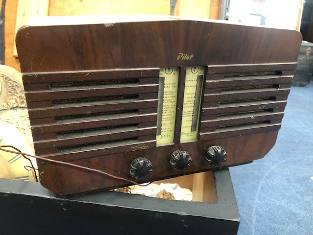 A PAINTED WOOD BLANKET CHEST, PILOT RADIO AND A GRANDFATHER CLOCK FACE