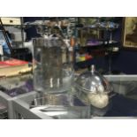 A SILVER PLATE MOUNTED GLASS ICE BUCKET AND OTHER PLATED ITEMS