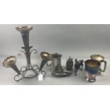 A SILVER PLATED EPERGNE, SILVER PLATED AND PETWER TANKARDS AND OTHER PLATED WARE