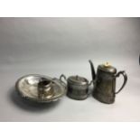 A SILVER PLATED OVAL SERVING TRAY, TEA SERVICE AND OTHER SILVER PLATED ITEMS