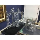 A LOT OF TWO WIREWORK PHOTOGRAPH FRAMES AND A WIREWORK BASKET