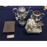 A SILVER PLATED TEA SERVICE, ALONG WITH SILVER AND PLATED WARE