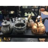 A LOT OF TWO COPPER KETTLES AND OTHER SILVER PLATE AND PEWTER ITEMS