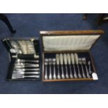 A SET OF SIX PLATED FISH KNIVES AND FORKS AND OTHER FL`ATWARE