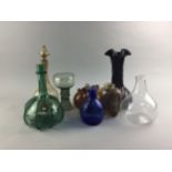 A REPRODUCTION SODA GLASS ROEMER AND OTHER GLASS BOTTLES AND VASES