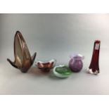 AN ART GLASS VASE AND OTHER ART GLASS BOWLS AND VASES
