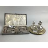 A LOT OF TWO SILVER OVERLAID PERFUME BOTTLES, CHRISTENING SET AND A DISH