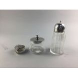 A SILVER TOPPED GLASS SUGAR CASTER, HEART SHAPED DISH AND ANOTHER DISH