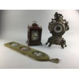 A GEORGIAN STYLE WALNUT MANTEL CLOCK BY WARMINK, ANOTHER CLOCK AND A SET OF MINIATURE PRINTS