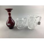 A RUBY GLASS VASE AND TWO CRYSTAL JUGS
