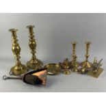 A PAIR OF BRASS CANDLESTICKS AND OTHER BRASS WARE