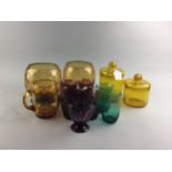 A SET OF FOUR AMETHYST LEMONADE GLASSES AND OTHER COLOURED GLASSWARE