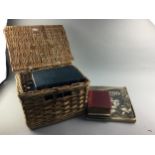 A VINTAGE WICKER HAMPER, OCCASIONAL TABLE, STOOL AND BOOKS