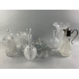 A COLLECTION OF FIVE CUT GLASS DECANTERS, A CLARET JUG AND OTHER CRYSTAL