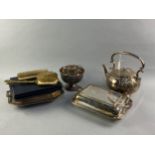 A SILVER PLATED TEA KETTLE AND OTHER SILVER PLATED WARE