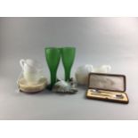 A SET OF SIX ART DECO STYLE CUPS AND SAUCERS, GREEN GLASS FLUTES, WALL VASE AND SPOONS