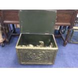 AN EMBOSSED BRASS LOG BOX AND OTHER BRASSWARE