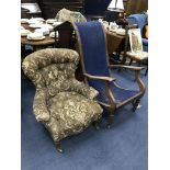 A VICTORIAN NURSING CHAIR ALONG WITH AN ARMCHAIR