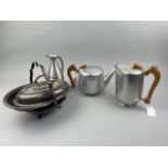 A PICQUOT WARE TEAPOT AND COFFEE POT, ALONG WITH OTHER SILVER PLATE ITEMS