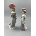 A LLADRO FIGURE OF A LADY WITH PARASOL ALONG WITH ANOTHER