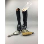 A PAIR OF LADY'S REGENT RIDING BOOTS AND A WHITE METAL BACKED BRUSH SET