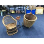 A WICKER BASKET, ALONG WITH A CHAIR AND A LAMP