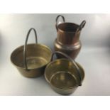 A COPPER TWO HANDLED MILK CHURN ALONG WITH TWO BRASS JELLY PANS