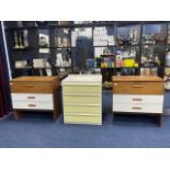 A RETRO PAINTED CHEST OF FOUR DRAWERS WITH DRESSING MIRROR AND OTHER DRAWERS
