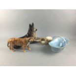 A BESWICK FIGURE OF A TIGER, TWO DOG FIGURES AND A MELBA POTTERY BASKET