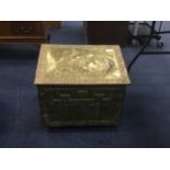 A BRASS EMBOSSED LOG BOX WITH OTHER BRASS AND SILVER PLATED OBJECTS
