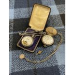 A SILVER CASED POCKET WATCH, ONE OTHER AND TWO ALBERT CHAINS