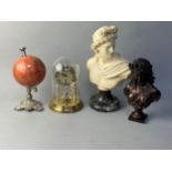 A COMPOSITE CLASSICAL BUST, ANOTHER BUST, TABLE GLOBE AND A CLOCK