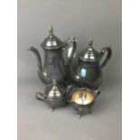 A SILVER PLATED FOUR PIECE TEA SERVICE ALONG WITH OTHER SILVER PLATED, BRASS AND OTHER ITEMS