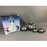 A SILVER PLATED TEA AND COFFEE SERVICE AND ANOTHER