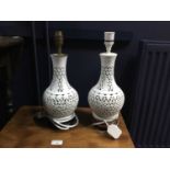 A PAIR OF BLANC DE CHINE RETICULATED BALUSTER TABLE LAMPS