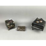 A CHINESE LACQUERED JEWELLERY BOX ALONG WITH ANOTHER AND A WALLET