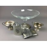 A GLASS DECANTER WITH SILVER COLLAR AND A GLASS TAZZA WITH SILVER FOOT AND OTHER OBJECTS