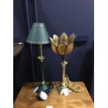 A BRASS TABLE LAMP, A PAIR OF MODERN TABLE LAMPS AND ANOTHER LAMP